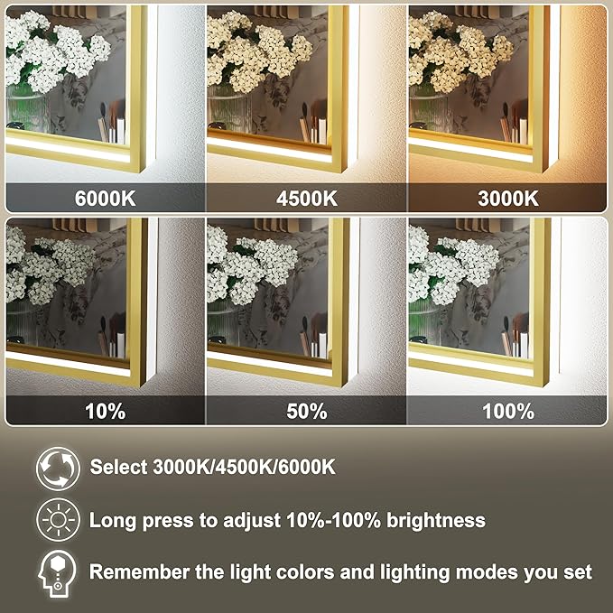 30x36 Inch Gold LED Bathroom Mirror with Front & Back Lights, Adjustable 3000K/4500K/6000K, Wall Mounted Lighted Bathroom Vanity Mirrors, Anti-Fog, Dimmable, Horizontal/Vertical