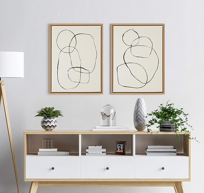 Kate and Laurel Sylvie Modern Circles and Going in Circles Framed Linen Textured Canvas Wall Art by Teju Reval, Set of 2, 18x24 Natural, Beautiful Abstract Wall Decor