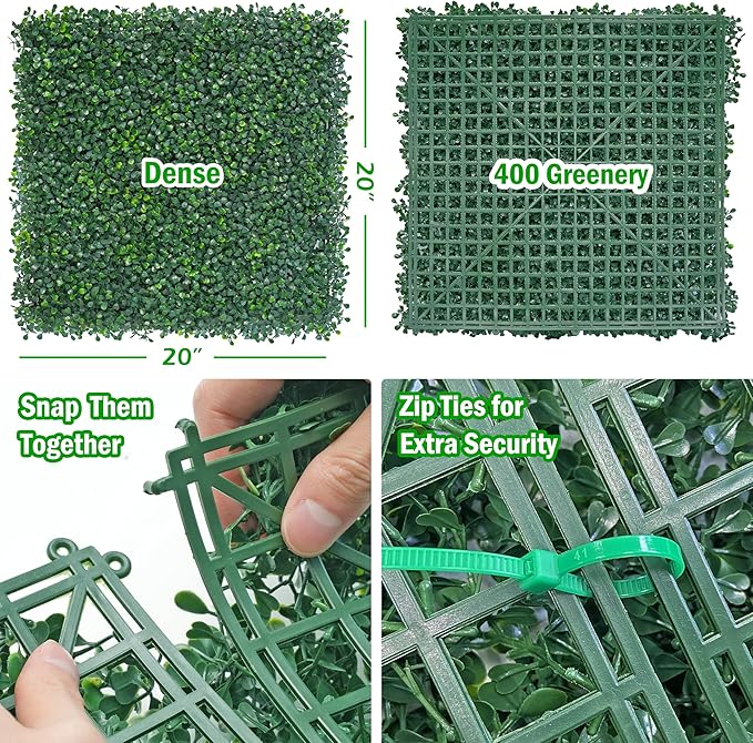 20x20Inch 12Pcs Grass Wall Panels, 4 Layers UV-Anti Boxwood Greenery Hedge with 50 Zip Ties, No Odor Artificial Fake Grass Backdrop Indoor Outdoor Privacy, Birthday Wedding Decor, 33 SQ FT