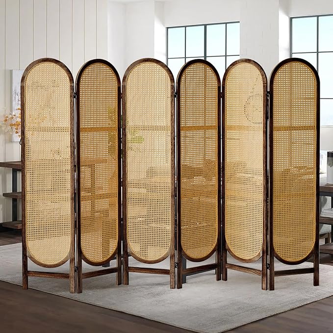 ALeesinwing 6 Panels Room Dividers, Hand-Woven Rattan Room Divider Panel and Folding Privacy Screens, Wood Room Divider Wall Freestanding Room Partitions Screen for Home Office Bedroom, Dark Brown