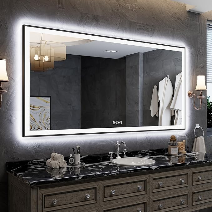 LED Mirror for Bathroom - Framed Dimmable Vanity Mirror with Backlit & Front Light, Anti-Fog, Shatterproof, Memory, 3 Colors (Horizontal/Vertical) 60x30