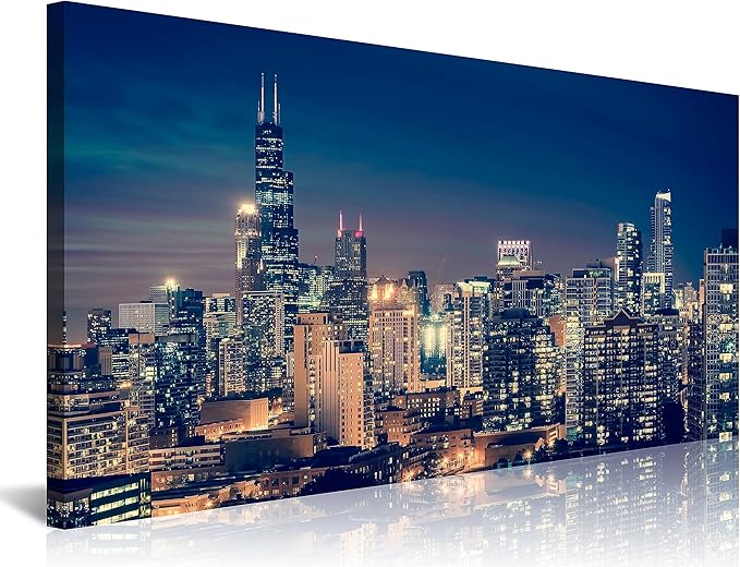 NAN Wind Modern Canvas Painting Chicago Skyline at Night Wall Art Cityscape Picture Print on Canvas Blue City Cool Building Giclee Artwork for Home Office Living Room Bedroom Decoration Framed
