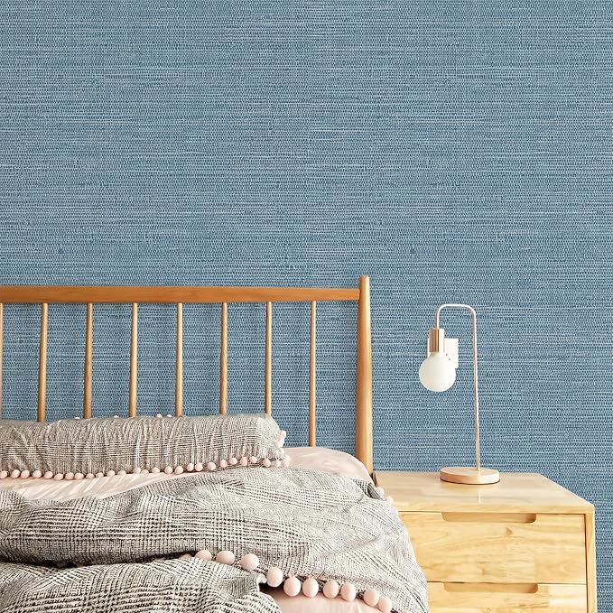 JiffDiff Grasscloth Wallpaper Peel and Stick Blue Grassweave Stick on Wallpaper Textured Self Adhesive Wall Paper Contact Paper 787" x 17.3"