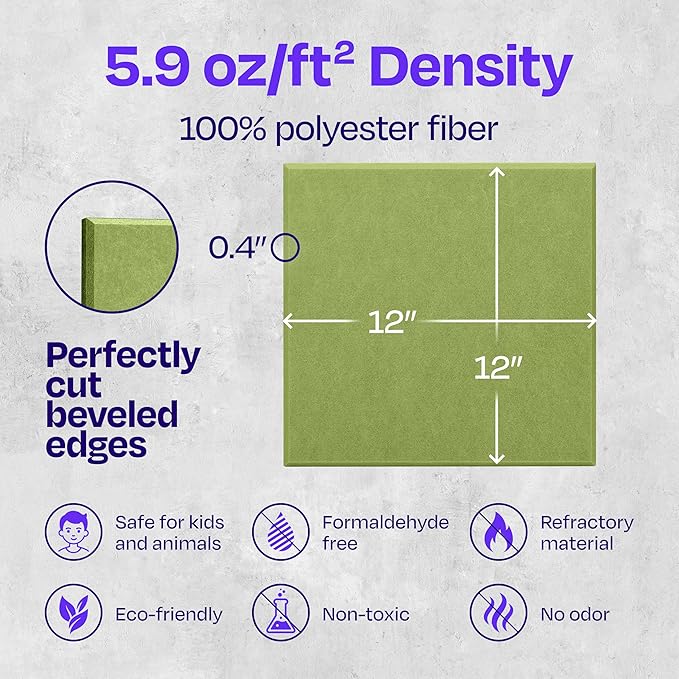 Acoustic Panels 12-Pack Soundproof Wall 12"X12"X0.4" - High Density Sound Dampening [Gin Green Square]