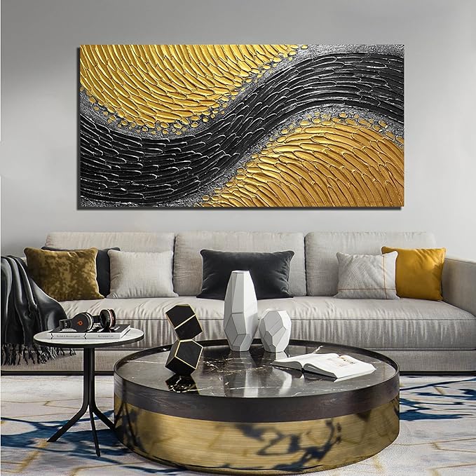 Black and Gold Hand Painted Oil Painting for Bedroom Abstract Pictures for Living Room Large 3D Textured Canvas Wall Art for Office Size 29 x 58 Inch