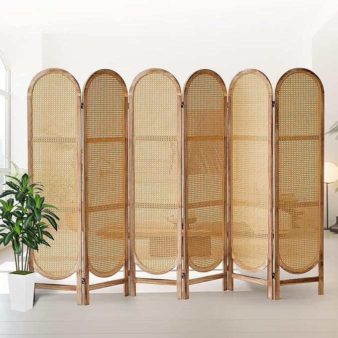 6 Panels Room Divider, Foldable Wooden Room Divider, Individual Privacy Screen Made of Hand-Woven Rattan, Portable Wall Divider for Home Office Bedroom Bathroom Dressing Room (Natural)