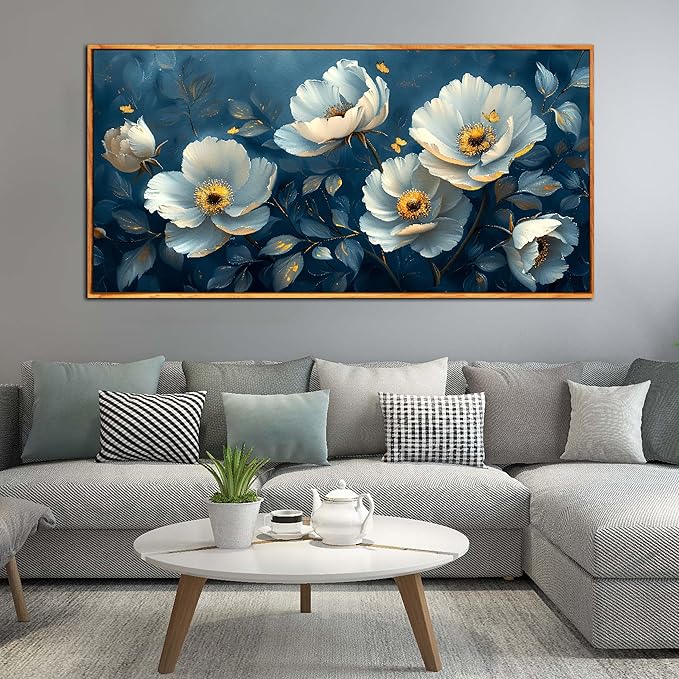 Ouzzlie Large Flower Wall Decor Blue Wall Art for Living Room Office Gold Butterfly Picture Artwork Canvas 29" x 59"