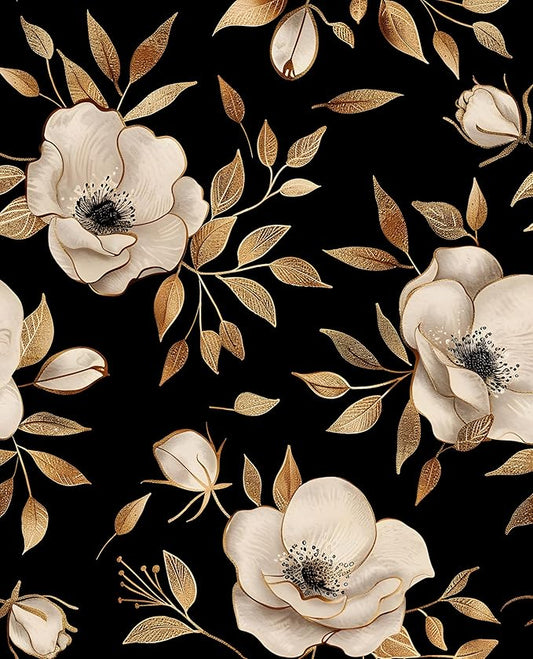 Black Floral Peel and Stick Wallpaper Gold Flowers Contact Paper Self-Adhesive Waterproof Vintage Dark Floral Wall Paper for Bedroom Shelf Liner Cabinet Stair 17.5"x118"