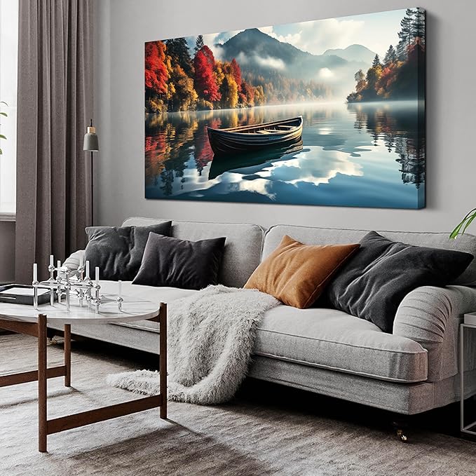 CANEITO View Wall Art for Living Room, Mountain Lake and Boat Wall-Decor for Bedroom, Natural Scenery Canvas Prints Pictures for Hallway Office, Size 59x29 Inches