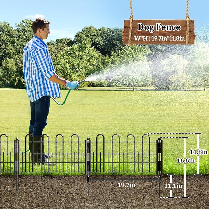 Bepatio Decorative Garden Fence Animal Barrier with Gate, 11.8in (H) x 16ft (L) 10 Panels Dog Fence Outdoor for Yard, Heavy Duty Metal Fence Border, Flower Bed, Easy Setup, Black