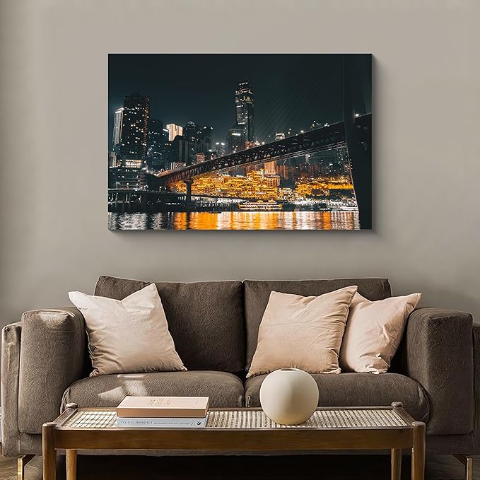 NAN Wind 1PCS Chongqing City Nightscape Canvas Wall Art Illuminated Chinese Skyline with Bridge Skyscrapers Modern Urban Landscape Photography Print for Living Room Office Bedroom Decor
