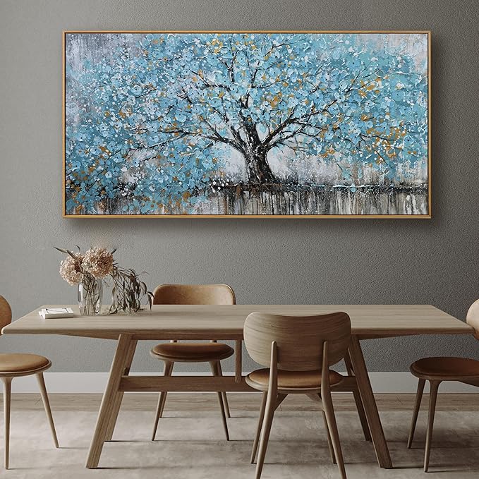 Large Wall Art Teal Blue Abstract Tree Of Life Framed Modern Artwork Canvas Painting Textured Tree Pictures Wall Decor Home Decor Wall Ready To Hang For Bedroom Living Room Size 29"X58"