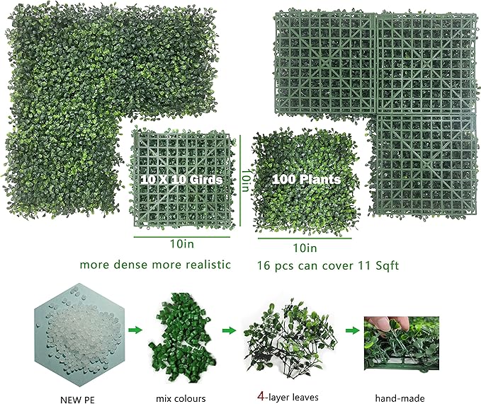 Bybeton Artificial Grass Backdrop Wall,10"x 10"(16Pcs) UV-Anti Boxwood Hedge Topiary Wall Panels for Indoor Outdoor Privacy Protected and Garden,Balcony,Privacy Fence Screen décor