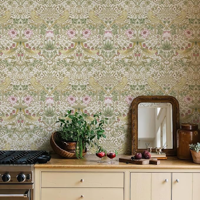 17.7x394 in White Peel and Stick Wallpaper Floral Wallpaper Flower/Strawberry/Bird Wallpaper Self Adhesive Contact Paper Removable Wall Paper for Living Room Dining Room Kitchen Decor