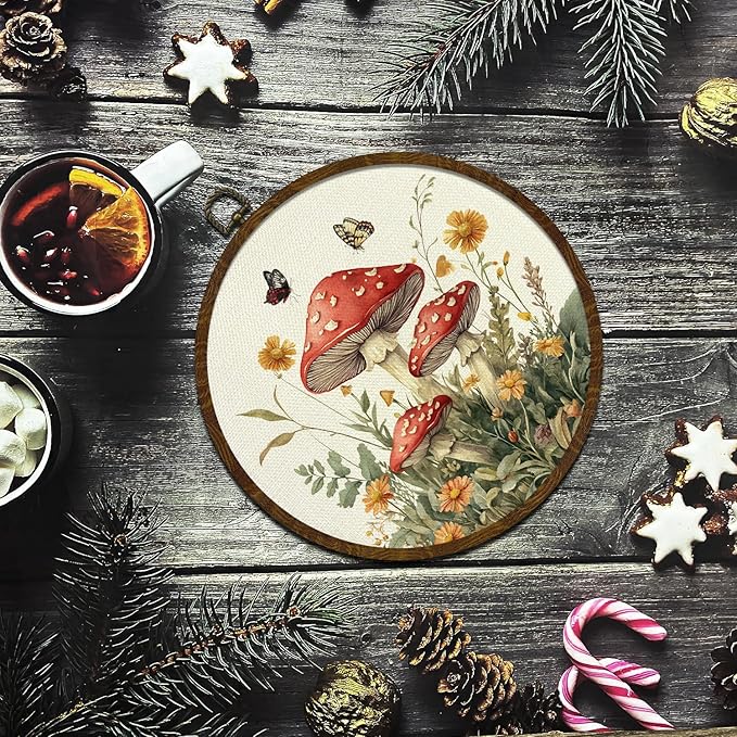 KLYTINK Vintage Fantasy Mushroom Floral Wall Art, Round Canvas Wall Hanging Decor, Fantasy Forest Botanical Illustration, for Living Room,Bedroom,office 10x10 Inch(MG09)