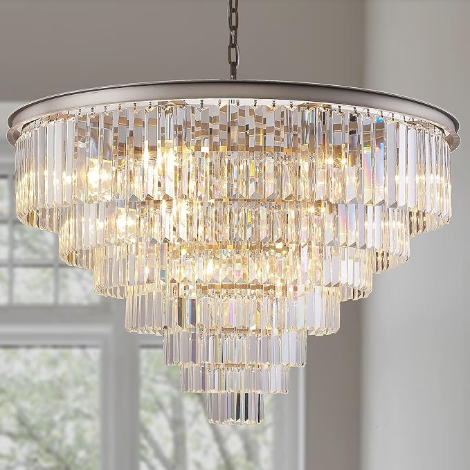 Nickle Crystal Chandelier Modern Chandeliers Lighting Pendant Ceiling Light Fixture 7-Tier for Dining Living Room Kitchen W39