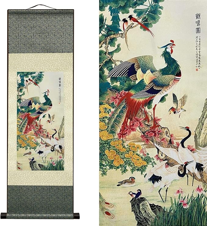 AtfArt Asian Wall Decor Beautiful Silk Scroll Painting Birds - A Hundred Birds Respect The Phoenix Oriental Decor Chinese Art Wall Scroll Wall Hanging Painting Scroll (36.2 x 12 in)
