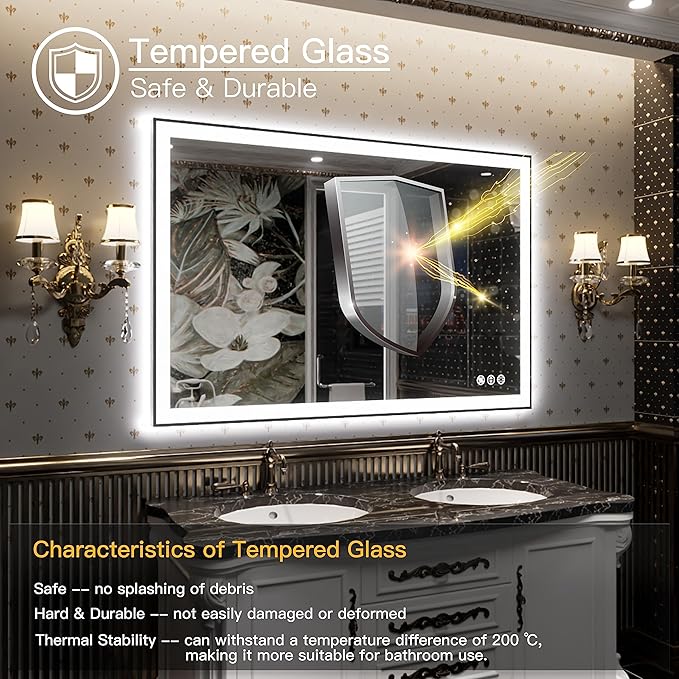 LED Bathroom Mirror 48x32- Lighted Vanity Mirror with Backlit and Front Light, Framed Dimmable Illuminated Mirror for Wall, Anti-Fog, Shatterproof, Memory, 3 Colors (Horizontal/Vertical)