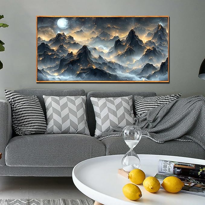 Ouzzlie Black and Gold Art Wall Decor Moon Wall Art for Office Mountain Landscape Canvas Picture Artwork 24" x 48"