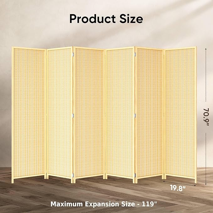 JOSTYLE Room Divider Folding Privacy Screen, 6 Panel Room Divider Screen - 6 ft. Tall Bamboo Divider Panel for Room Separation Freestanding Partition Wall, Beige