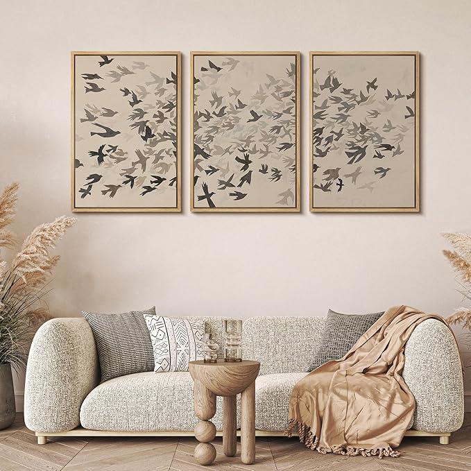 MUDECOR Framed Wall Art Print Set Minimalist Subtle Birds in Motion Illustrations Modern Art Boho Decorative Colorful Chic for Living Room, Bedroom, Office - 24"x36"x3 Natural