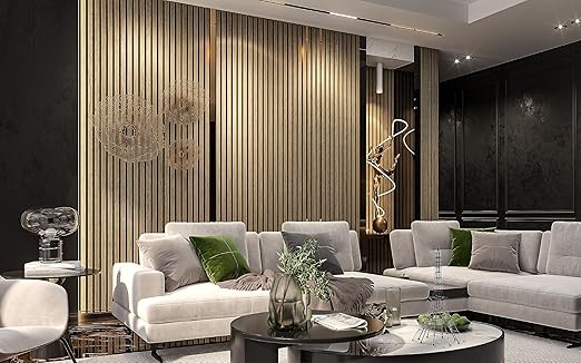 94" L x 24" W Acoustic Wood Wall Paneling, Decorative Sound Proof Panels for Walls and Ceilings, 3D Slat Wood Wall Panels (Set of 10) (Light Walnut)