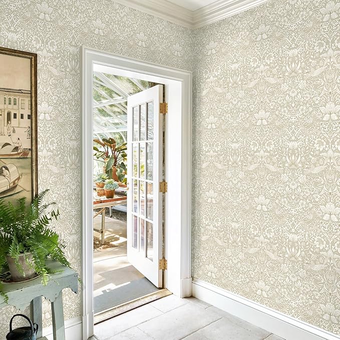 17.7x118in William Morris Wallpaper Peel and Stick Vintage Floral Wallpaper Neutral Strawberry Bird Self Adhesive Contact Paper Waterproof for Bedroom Bathroom Cabinets Drawers Decor