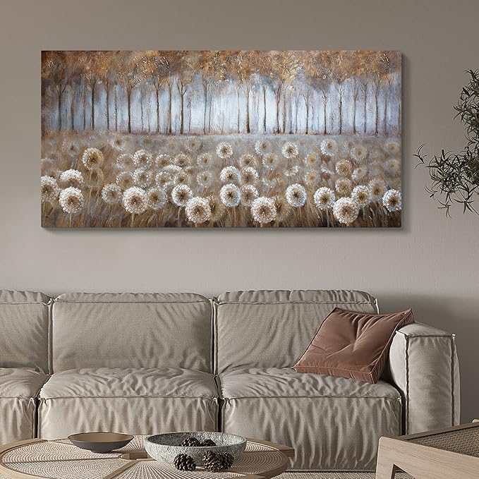 Large Brown Dandelion Canvas Wall Art for Living Room - Tree Theme Picture Modern Framed Prints Artwork Ready to Hang for Bedroom Home Decor - Size 24x48 IN