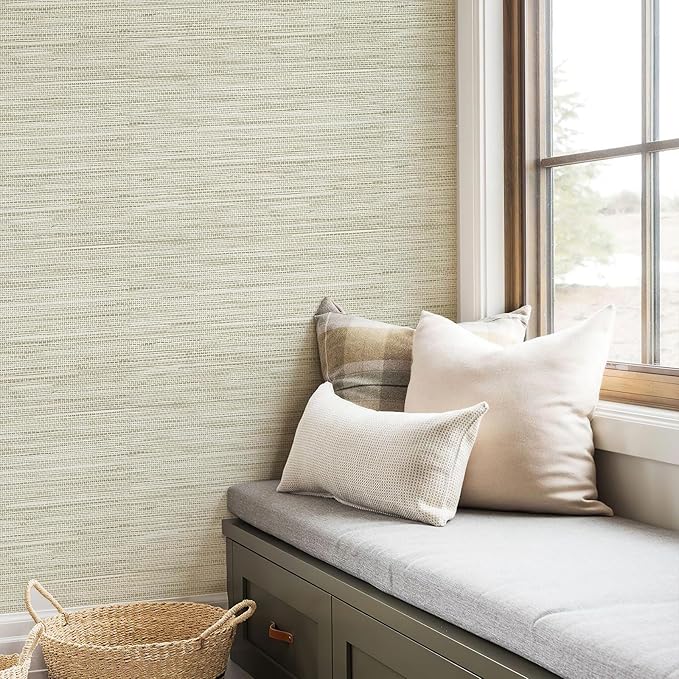 JiffDiff Grasscloth Wallpaper Peel and Stick Cream Grassweave Stick on Wallpaper Textured Self Adhesive Contact Paper 1181" x 17.3"