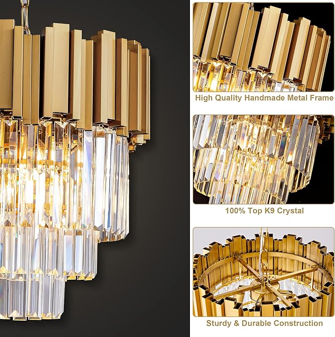 3-Tier 15.8" Modern Gold Crystal Chandelier, 5-Light Round K9 Crystal Pendant Light Fixture for Dinning Room, Kitchen Island, Bedroom, Living Room, Foyer, Entryway