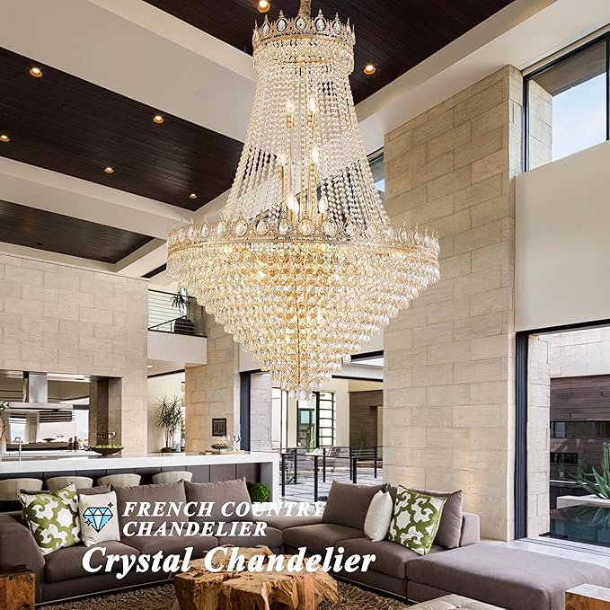 KoKo&Yukina 40" Gold Crystal Chandeliers French Empire Chandeliers K9 Crystal Modern Farmhouse Crystal Chandelier Adjustable Hanging Chandelier for Staircase Foyer Hallway