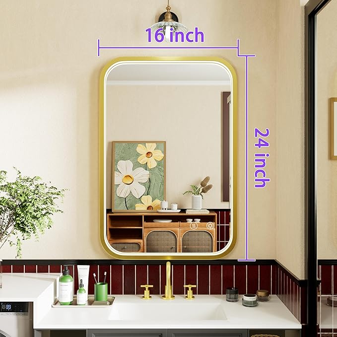 16x24 Inch Gold LED Bathroom Mirror with Lights, Adjustable 3000K/4500K/6000K, Wall Mounted Framed Lighted Bathroom Vanity Mirrors, Anti-Fog, Dimmable, Memory Funtiom, Horizontal/Vertical