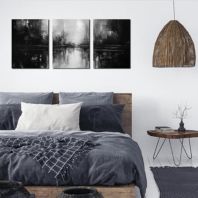 Abstract Painting Canvas Wall Art for Office,Black and White Wall Decor for Bedroom,3 Piece Wall Art Living Room 12 x 16 Inch Each Panel
