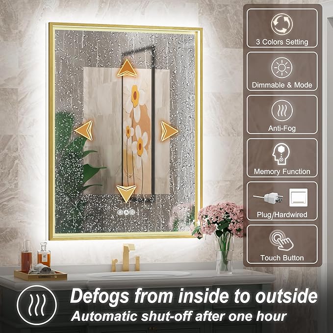 24x32 Inch Gold LED Bathroom Mirror with Front & Back Lights, Adjustable 3000K/4500K/6000K, Wall Mounted Framed Lighted Bathroom Vanity Mirror, Dimmable, Anti-Fog, Horizontal/Vertical