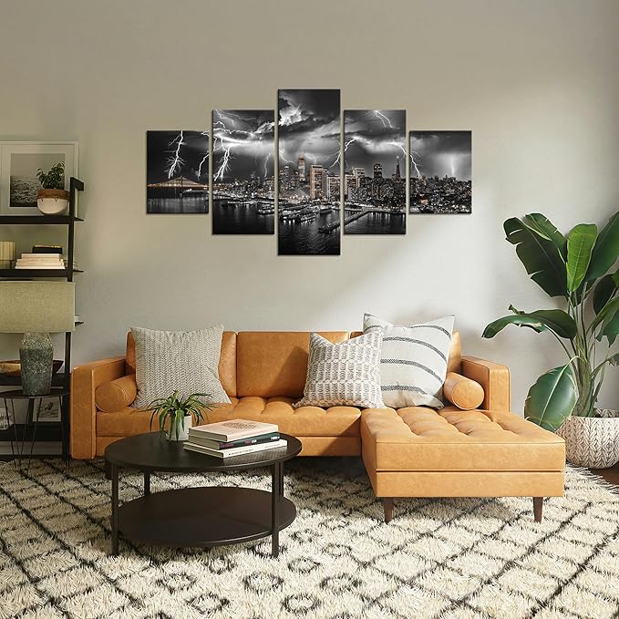 Cawpom Bay Bridge Picture Frame Wall Art San Francisco Skyline Wall Decor Lightning Strikes Cityscape Canvas Print California Black and White Painting Poster Home Living Room Decoration(60x32 inches)