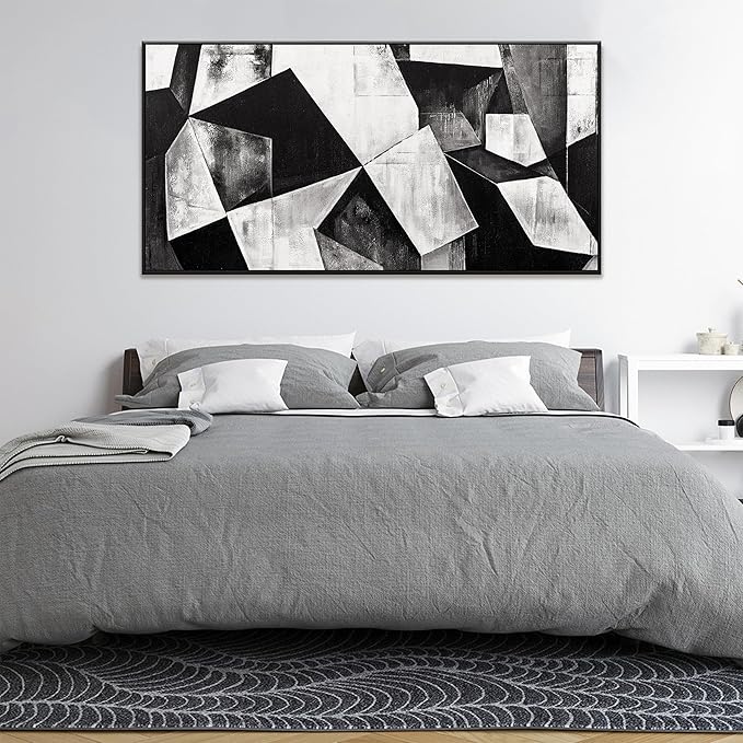 Large Abstract Wall Art Black And White Wall Art Geometric Color Block Line Wall Painting Artwork Canvas Art Wall Decor Simple Picture Artwork For Living Room Bedroom Office Home Wall Decor 29"X 58"With Framed