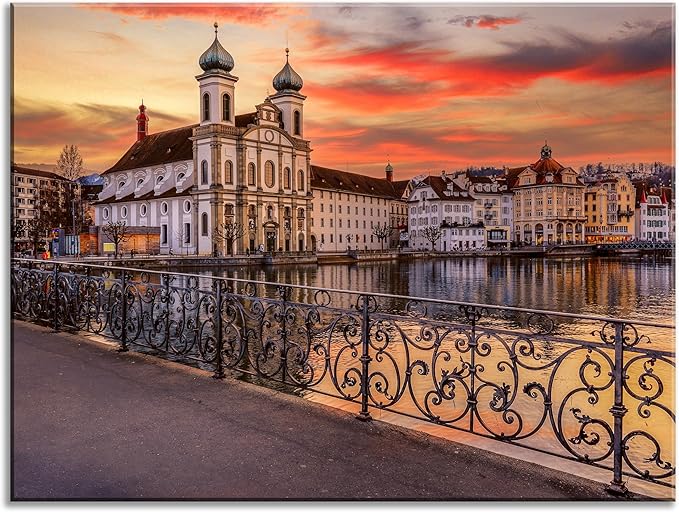 Mordern 1Pcs European Cityscape Canvas Wall Art Scenic Sunset Over River Cathedral with Domes Ready to Hang Architecture Romantic Travel Destination Decorative Framed Artwork for Living Rooms Bedrooms