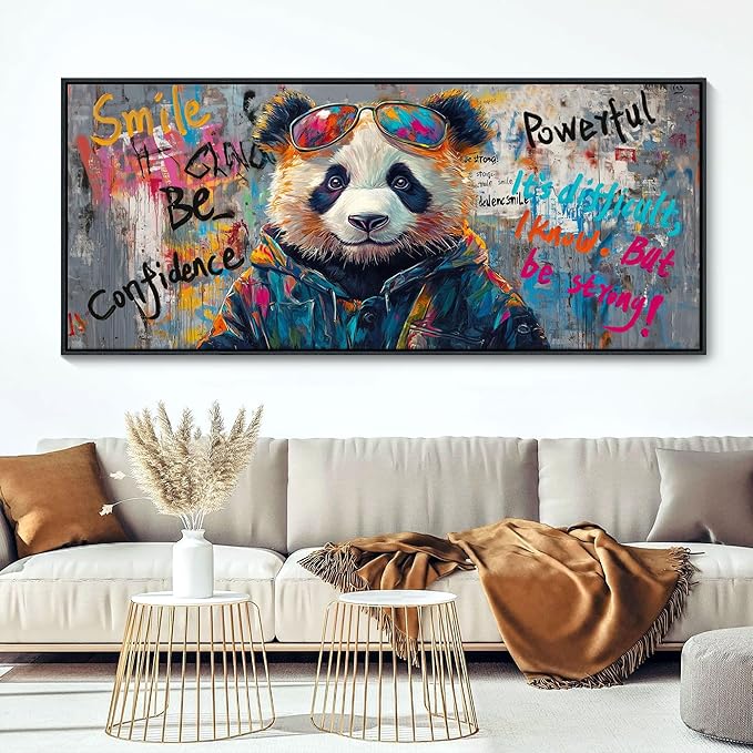 JEAWA Framed Canvas Wall Art - Extra Large Panda Abstract Graffiti Street Art Wall Picture Black and White Paintings Ready to Hang Living Room Bedroom Home Office Inspirational Decor 31.5x70 IN