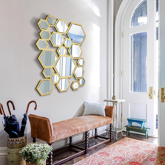 KOHORS Wall Decor Mirror Modern Hexagon Gold Wooden Framed Wall Mirror for Living Room,Bedroom,Entryways,Home Decor(W 31.4" x H 23.6" Honey Comb)