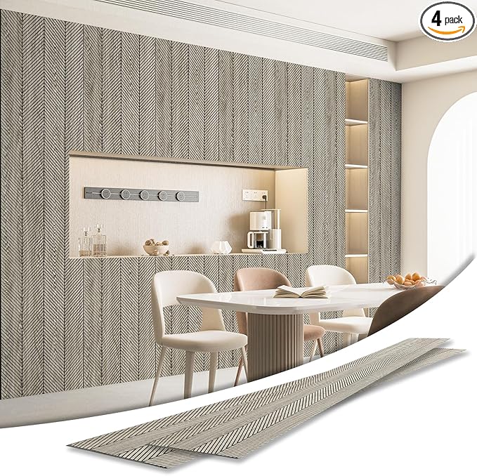 Art3d 4-Pack Glue-On Herringbone Wainscoting Panel for Interior Wall Decor - 104 x 12 Inch Polystyrene Ultralight Slim Slat Wall Panels for Living Room Bedroom, Ashtree