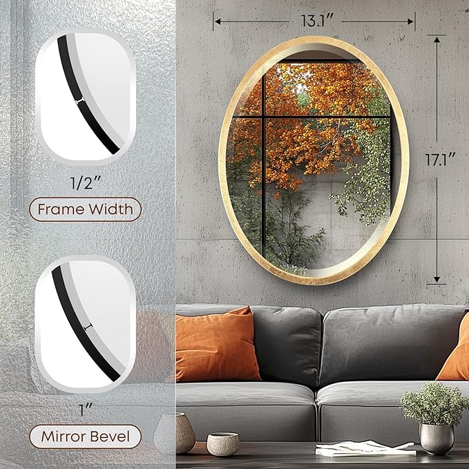 OVALCREST - Oval Wooden Beveled Wall Mirror for Home Decor, Bathroom, Vanity, Bedroom, Living Room, Hallway - London Style (Gold Leaf) 17.1 x 13.1