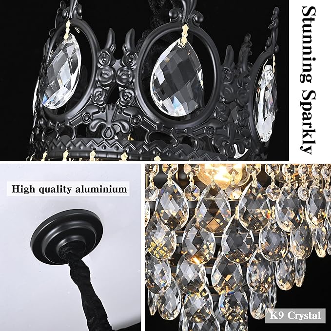 KoKo&Yukina Chandelier, 12'' Black French Empire Light Fixture, 6-Light K9 Crystal, Adjustable Hanging, for Hallway Entryway Kitchen Foyer