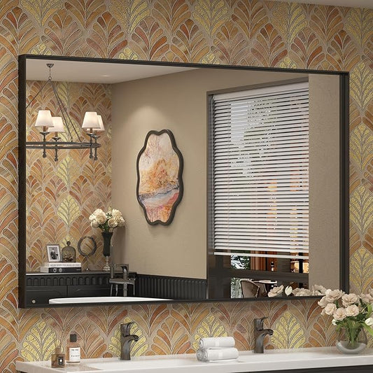 55x36 Inch Black Metal Framed Bathroom Mirror for Wall, Large Rectangle Mirror, Matte Black Bathroom Vanity Mirror, Anti-Rust, Square Corner, Shatterproof, Hangs Horizontally or Vertically