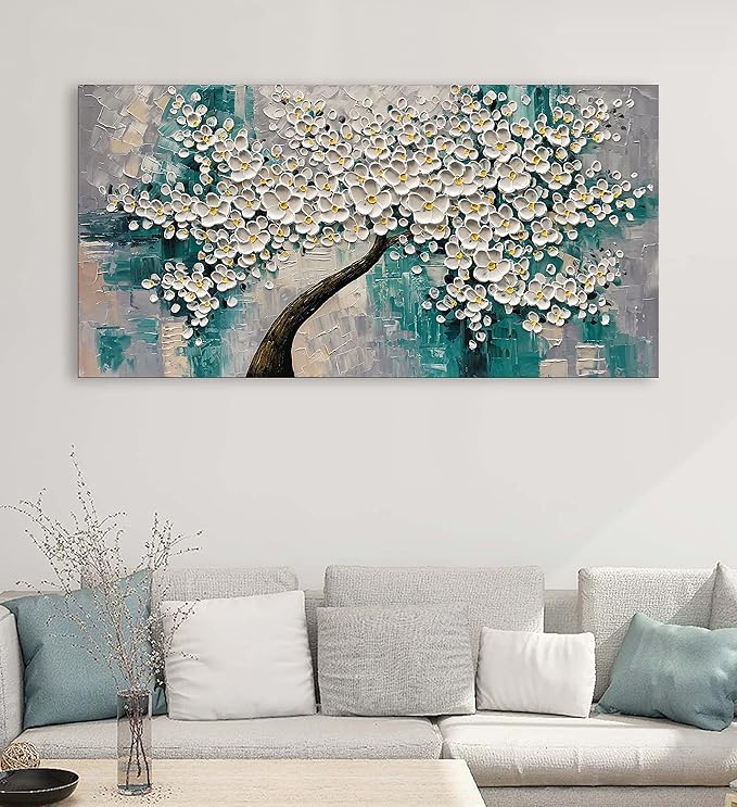 3D Abstract Art Oil Painting White Flower Tree Painting Textured Palette Knife White Flower Painting Modern Canvas Wall Art Home Decoration Home Painting (24x48 inches)