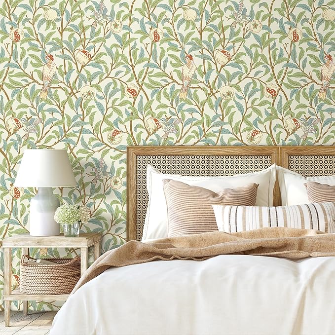 Livelynine Green Wallpaper Peel and Stick Botanical Sage Green Leaves Blue Brown Beige Bird Pomegranate William Morris Willow Bough Prepasted Wallpaper Rolls Vintage Contact Paper Adhesive 17.5x78.8