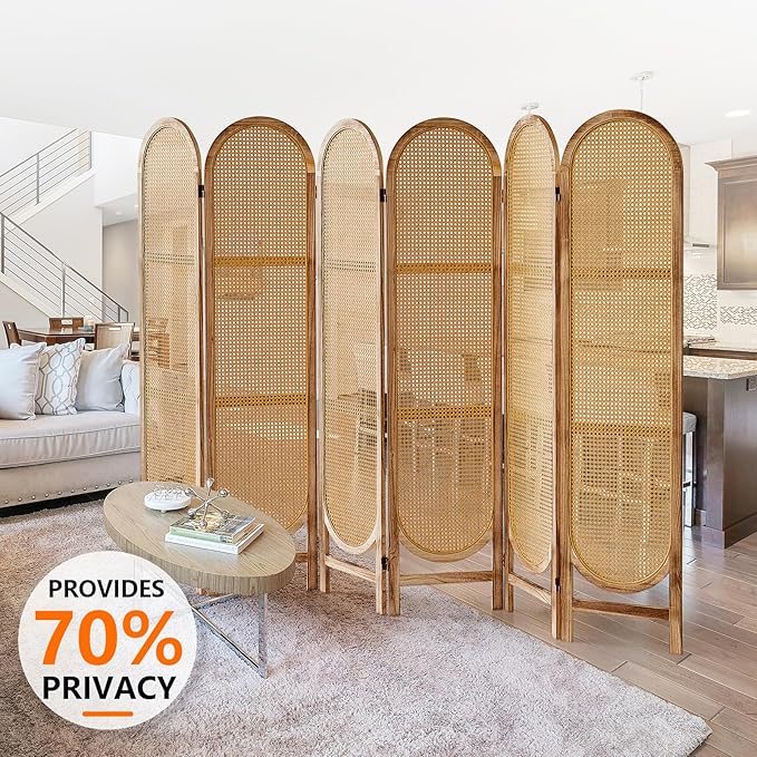 6 Panels Room Divider, Foldable Wooden Room Divider, Individual Privacy Screen Made of Hand-Woven Rattan, Portable Wall Divider for Home Office Bedroom Bathroom Dressing Room (Natural)