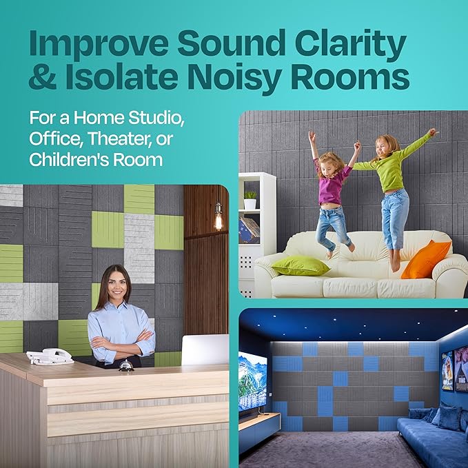 Acoustic Panels 12-Pack Soundproof Wall Panels 12"x12"x0.4" Decorative Sound Dampening for Your Home, Office, Studio, Bedroom & More with Unique LineWave Carving [Pebble Gray]