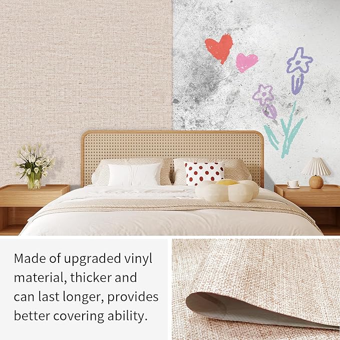 Beige Grasscloth Contact Paper 15.75x196.85inch Peel and Stick Wallpaper Removable Textured Wallpaper Self Adhesive Faux Linen Decoration Wall Paper for Furture Countertop Renovation