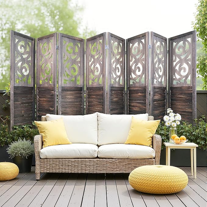 2 PCS Room Dividers 8 Panel Room Divider 5.6FT Wood Carved Room Dividers, Folding Privacy Screens Portable Freestanding Partition Wall Dividers for Bedroom, Office, Rustic Brown