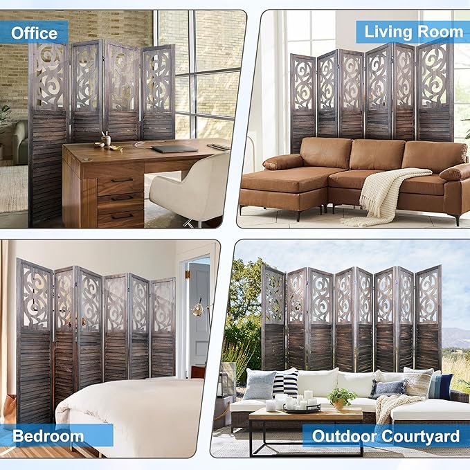 4 Panel Room Divider 5.6FT Wood Carved Room Dividers, Folding Privacy Screens Portable Freestanding Partition Wall Dividers for Bedroom, Office, Rustic Brown